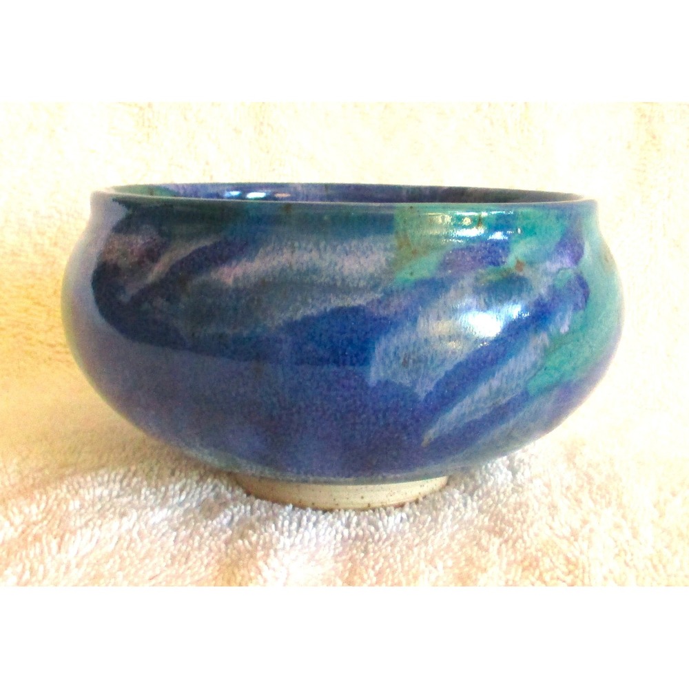 Artisan Signed Studio Pottery Bowl Blue Turquoise Purple Glaze Hand Thrown